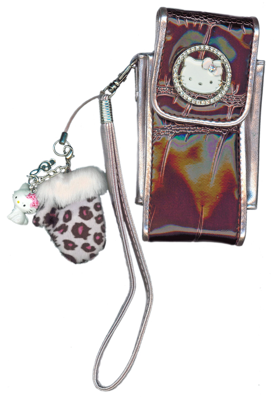 The Main Street Museum's collection of Hello Kitty artifacts features this, lustorous vinyl camera or cell phone case featuring the iconic face of hello kitty, surrounded by gemstones, and a Charmmy Kitty charm, or bangle, a G clef of plated chrome and a mitten in pink and black leopard print, with aritifcial fur, white in color. Collected 2009, c.e.